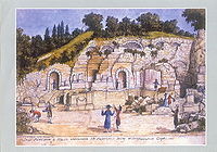 Болотов А.Т. (совместно с П.А. Болотовым). Вид развалин и пещер, иссеченных из марморного песку в Богородицком саде. Акварель.